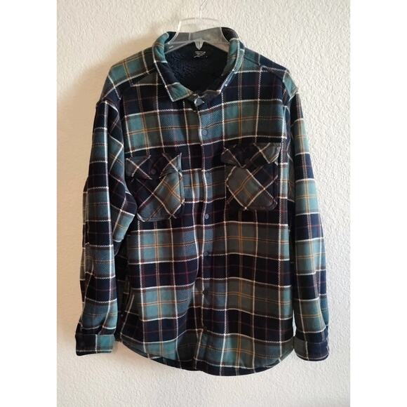 Member's Mark Men's Fleece & Sherpa Lined Shacket Blue Green Plaid Pocketed XL - Picture 2 of 16